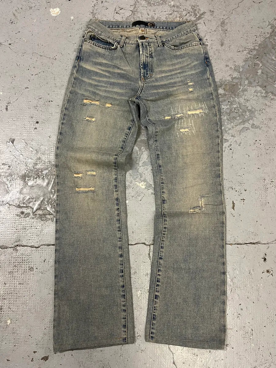 2000s Cavalli Distressed Sunfaded Blue Denim Jeans gKEuYGZ 3
