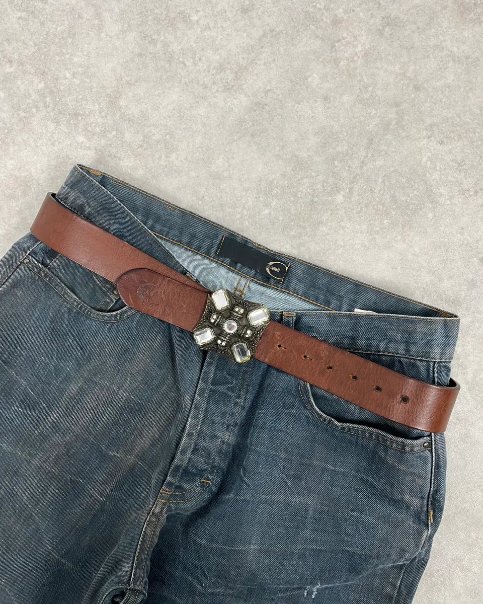 2000s Cavalli Elevation Gems Buckle Brown Leather Belt RvWyytf 0