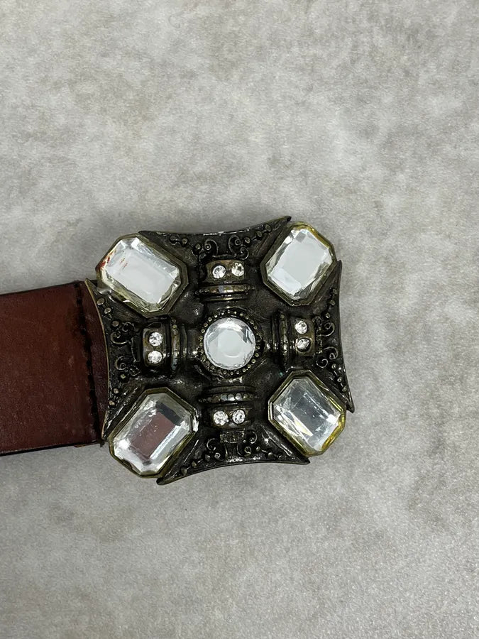 2000s Cavalli Elevation Gems Buckle Brown Leather Belt RvWyytf 2