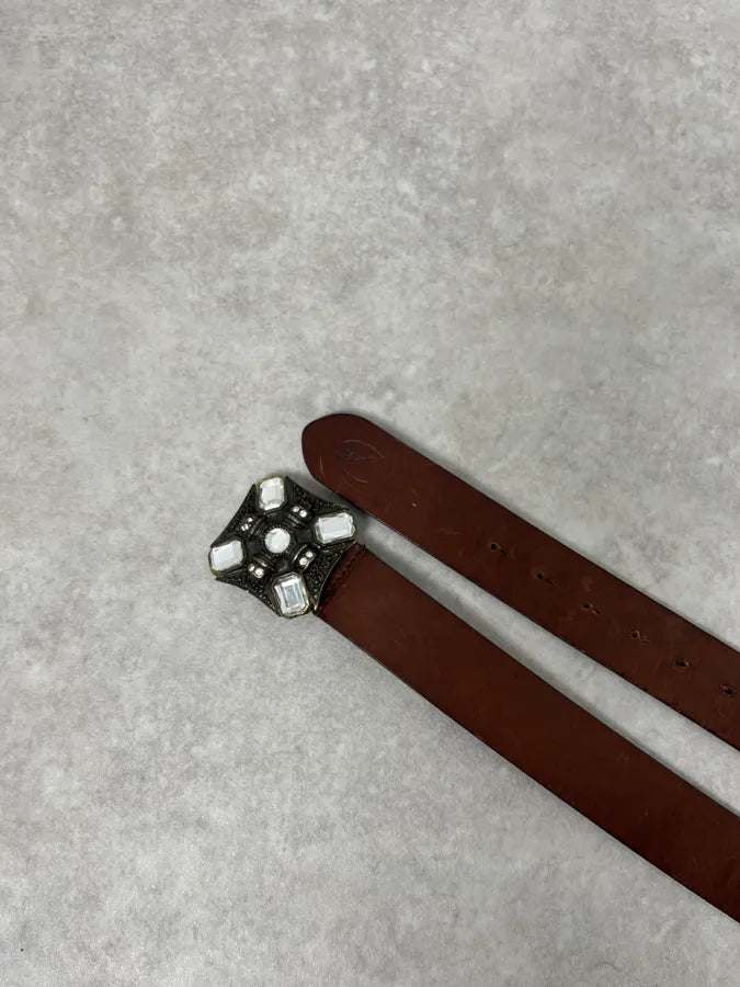 2000s Cavalli Elevation Gems Buckle Brown Leather Belt RvWyytf 3