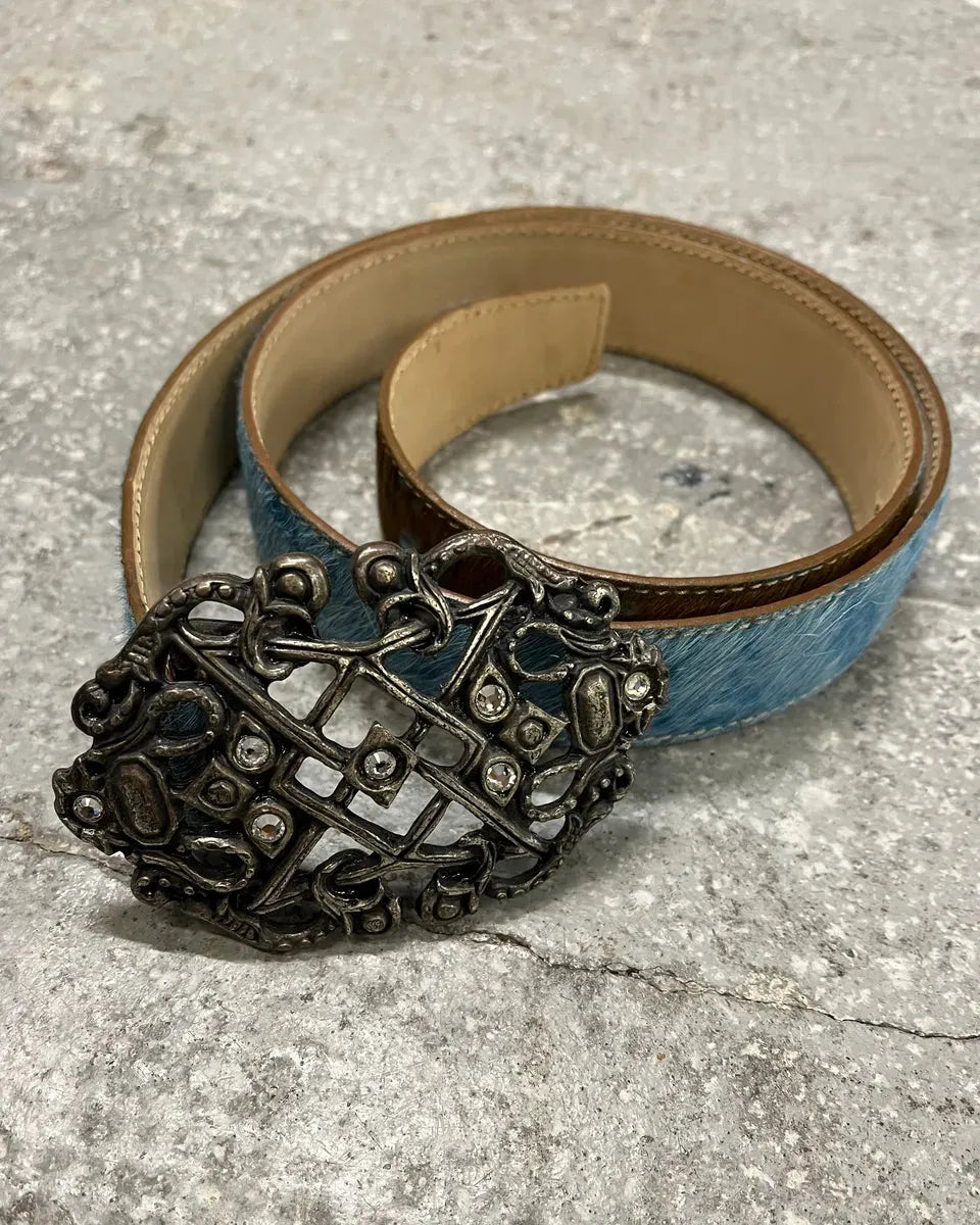 2000s Cavalli Embellished Metal Buckle Blue Pony Hair Leather Belt (OS) 0