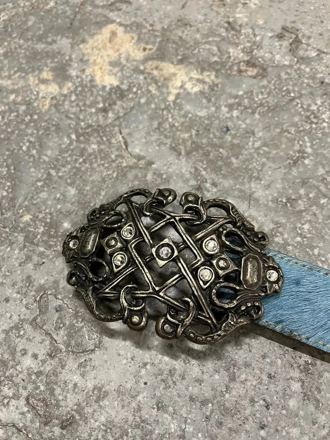 2000s Cavalli Embellished Metal Buckle Blue Pony Hair Leather Belt (OS) 1