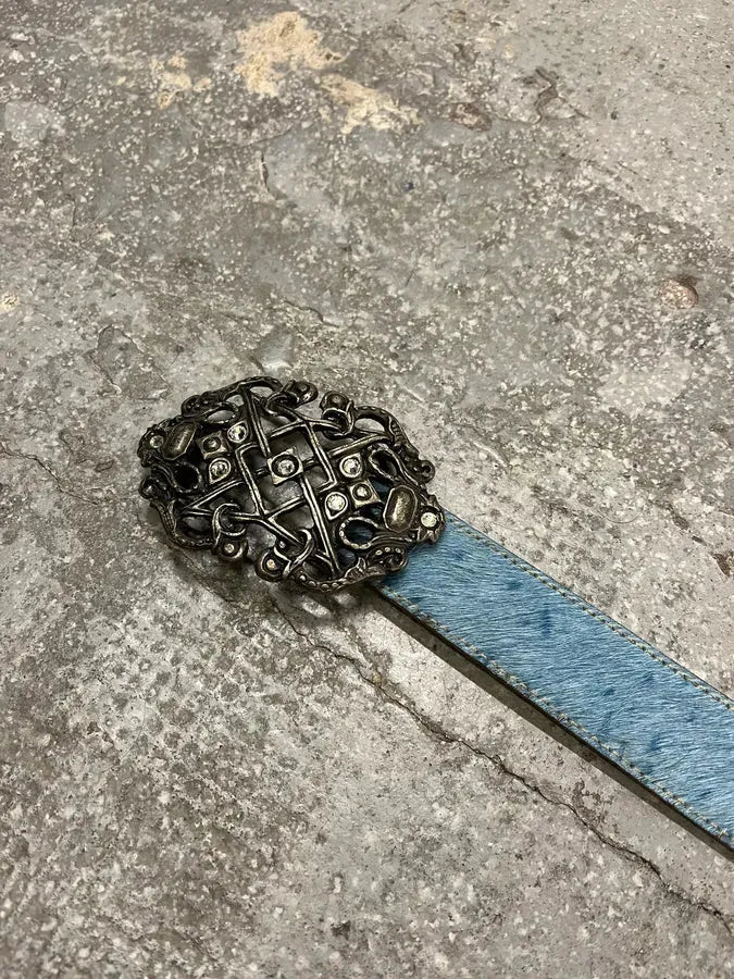 2000s Cavalli Embellished Metal Buckle Blue Pony Hair Leather Belt (OS) 10
