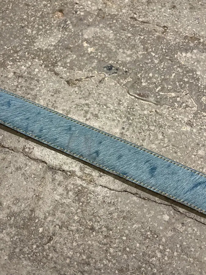 2000s Cavalli Embellished Metal Buckle Blue Pony Hair Leather Belt (OS) 2