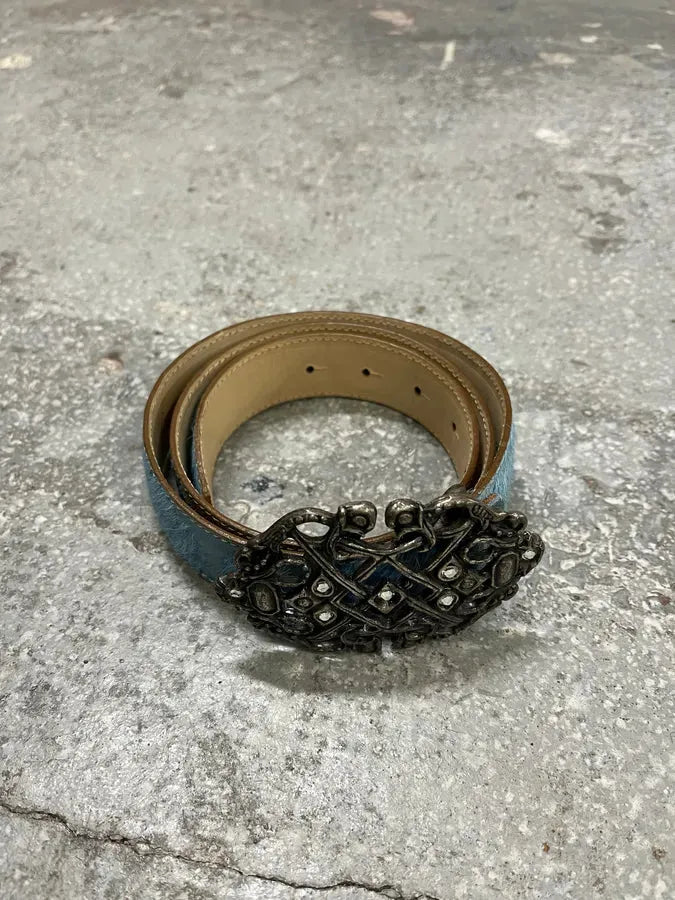 2000s Cavalli Embellished Metal Buckle Blue Pony Hair Leather Belt (OS) 3