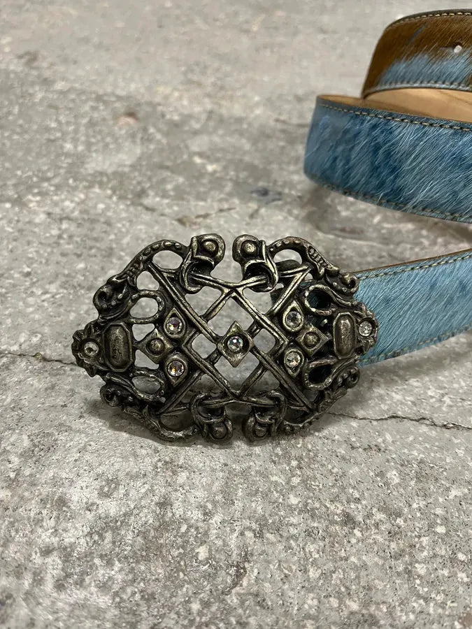 2000s Cavalli Embellished Metal Buckle Blue Pony Hair Leather Belt (OS) 4