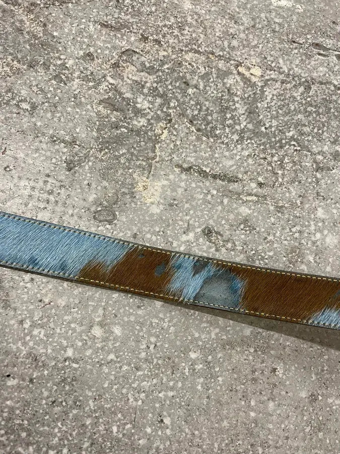 2000s Cavalli Embellished Metal Buckle Blue Pony Hair Leather Belt (OS) 5