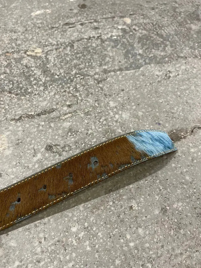 2000s Cavalli Embellished Metal Buckle Blue Pony Hair Leather Belt (OS) 6