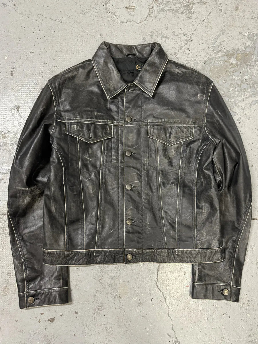 2000s Cavalli Eroded Brut Archive Trucker Leather Jacket teojiBL 0