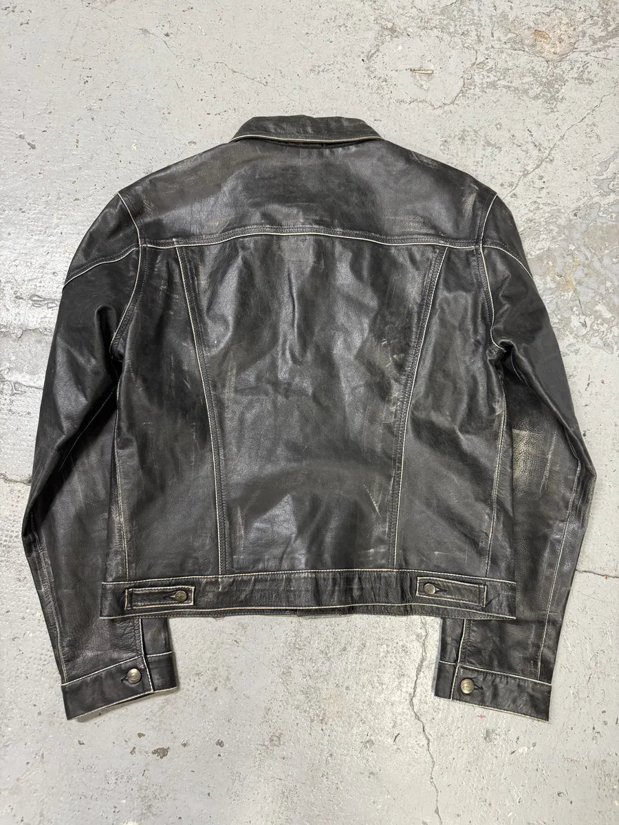 2000s Cavalli Eroded Brut Archive Trucker Leather Jacket teojiBL 1