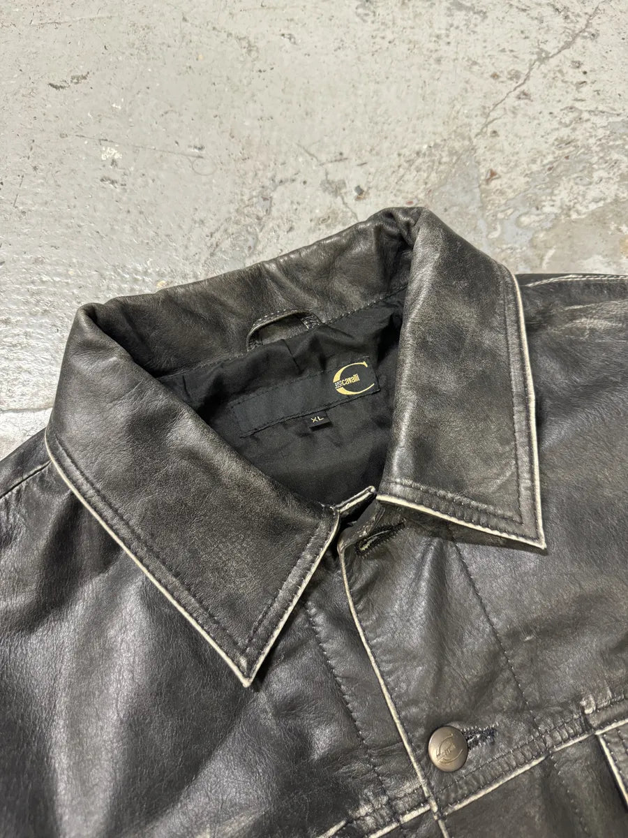 2000s Cavalli Eroded Brut Archive Trucker Leather Jacket teojiBL 10