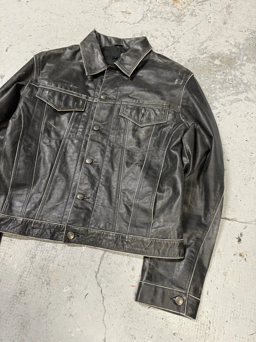 2000s Cavalli Eroded Brut Archive Trucker Leather Jacket teojiBL 12