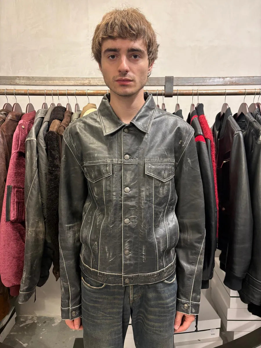 2000s Cavalli Eroded Brut Archive Trucker Leather Jacket teojiBL 2