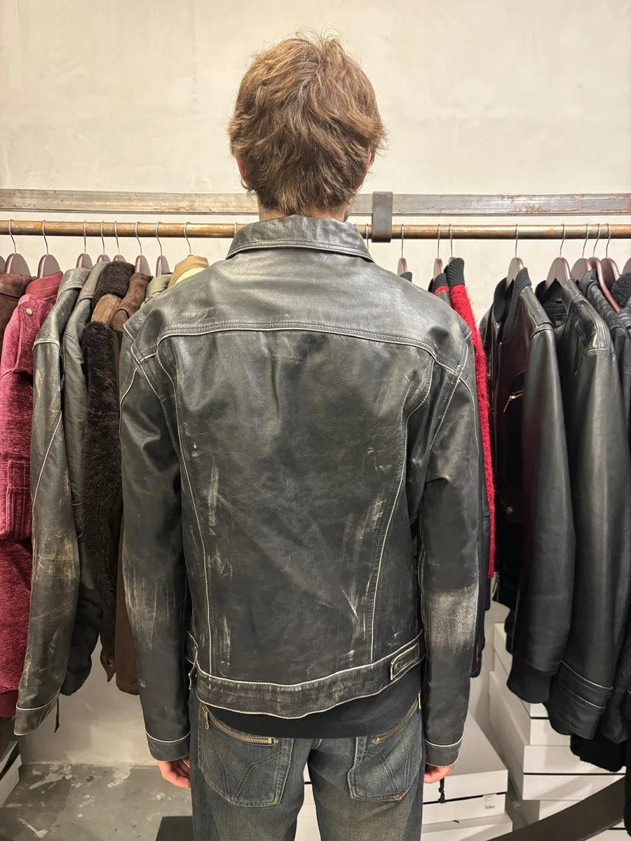 2000s Cavalli Eroded Brut Archive Trucker Leather Jacket teojiBL 3