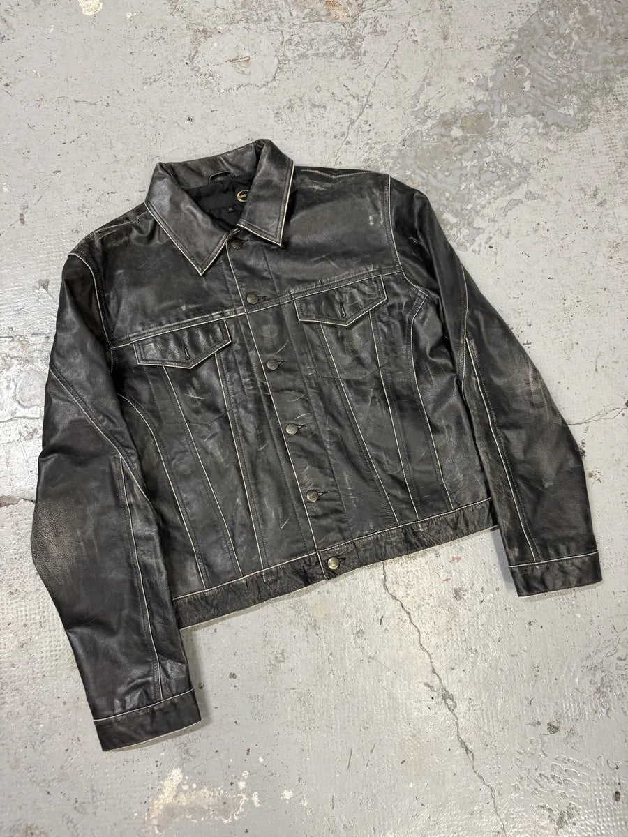 2000s Cavalli Eroded Brut Archive Trucker Leather Jacket teojiBL 8