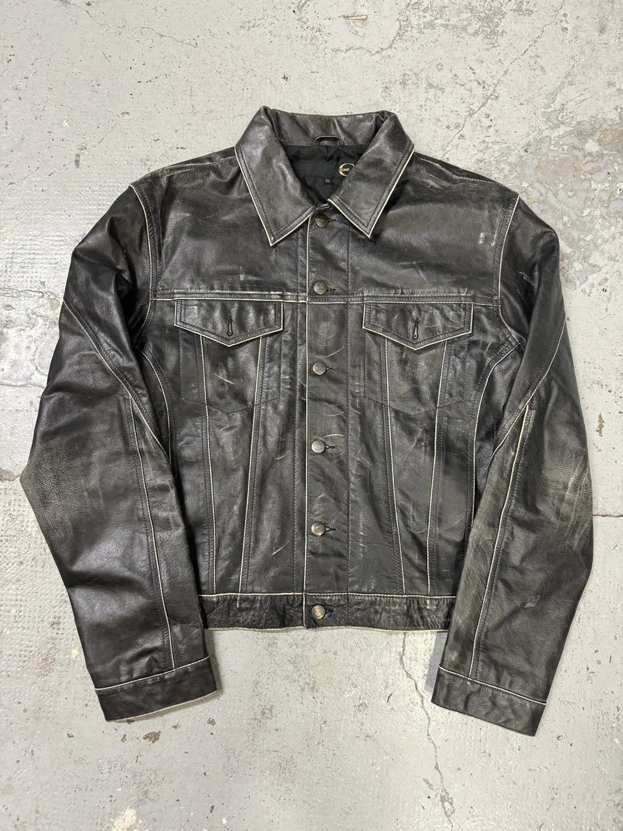 2000s Cavalli Eroded Brut Archive Trucker Leather Jacket teojiBL 9