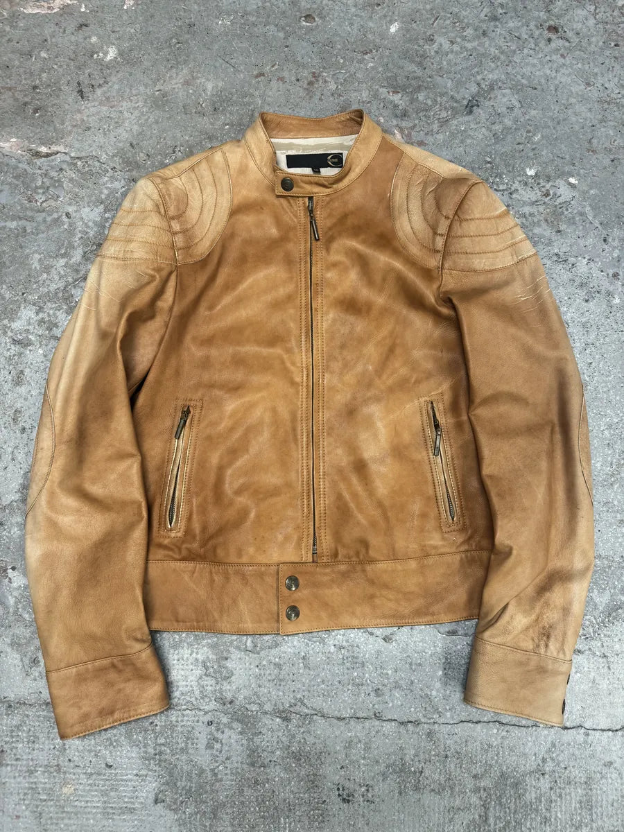 2000s Cavalli Faded Beige Padded Biker Leather Jacket (M) 0