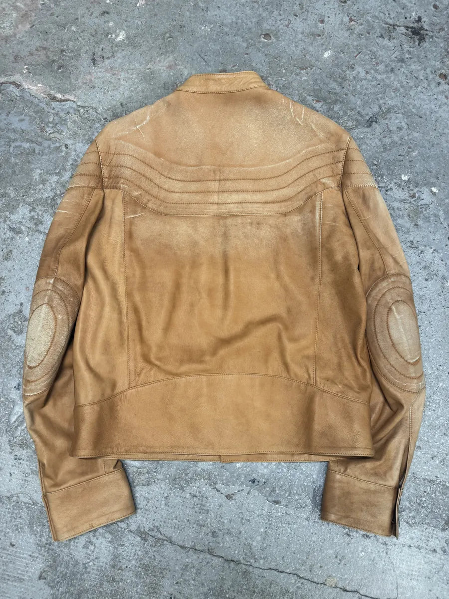 2000s Cavalli Faded Beige Padded Biker Leather Jacket (M) 1