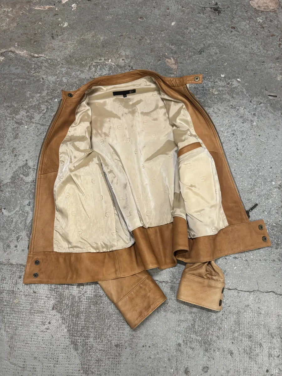 2000s Cavalli Faded Beige Padded Biker Leather Jacket (M) 10