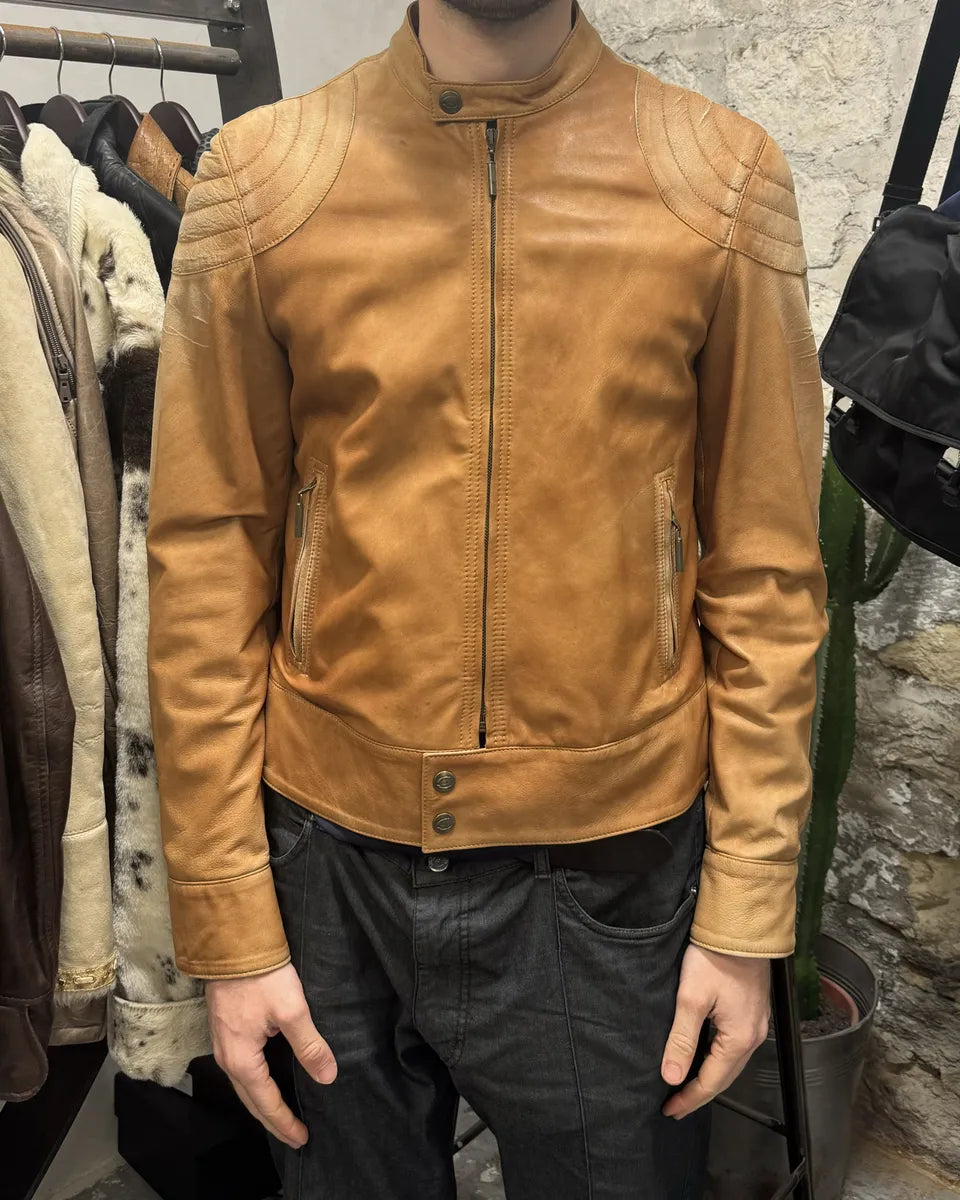 2000s Cavalli Faded Beige Padded Biker Leather Jacket (M) 2