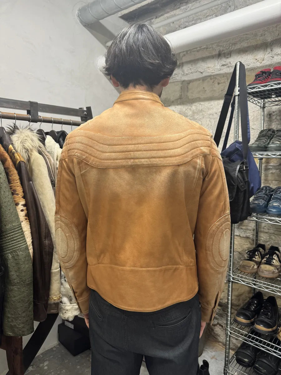 2000s Cavalli Faded Beige Padded Biker Leather Jacket (M) 3