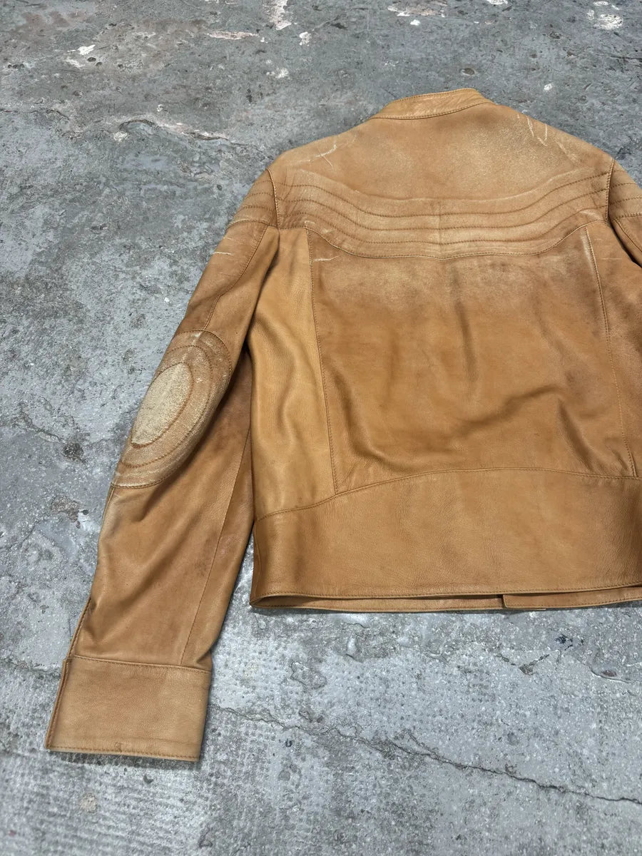 2000s Cavalli Faded Beige Padded Biker Leather Jacket (M) 4