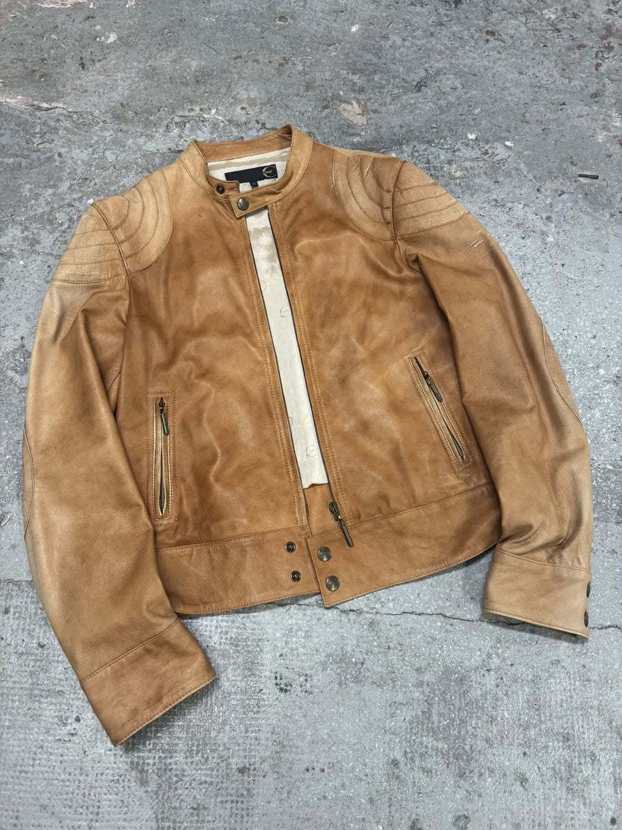 2000s Cavalli Faded Beige Padded Biker Leather Jacket (M) 5