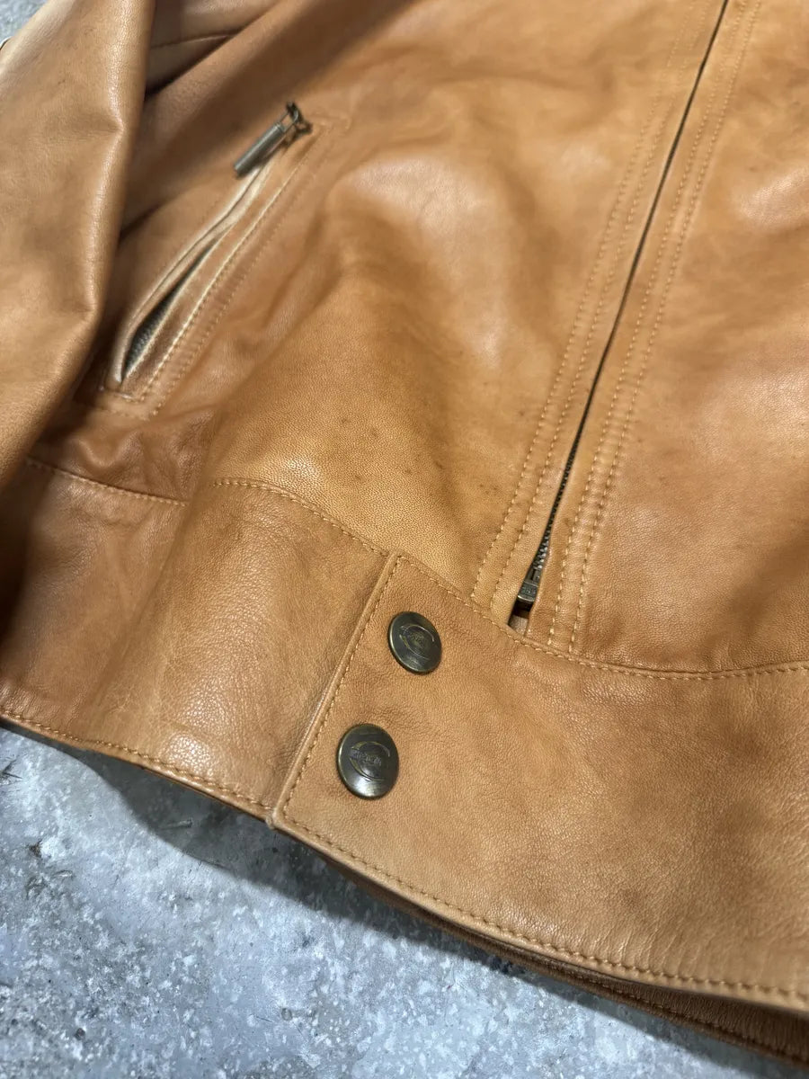 2000s Cavalli Faded Beige Padded Biker Leather Jacket (M) 6