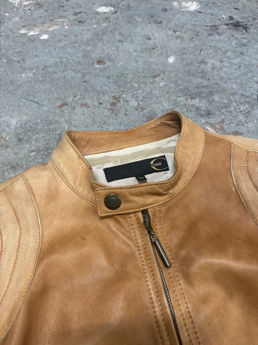 2000s Cavalli Faded Beige Padded Biker Leather Jacket (M) 7