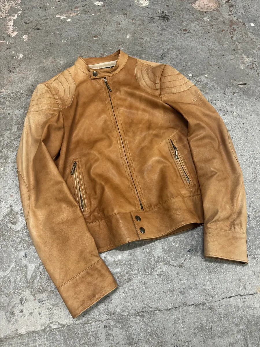 2000s Cavalli Faded Beige Padded Biker Leather Jacket (M) 8