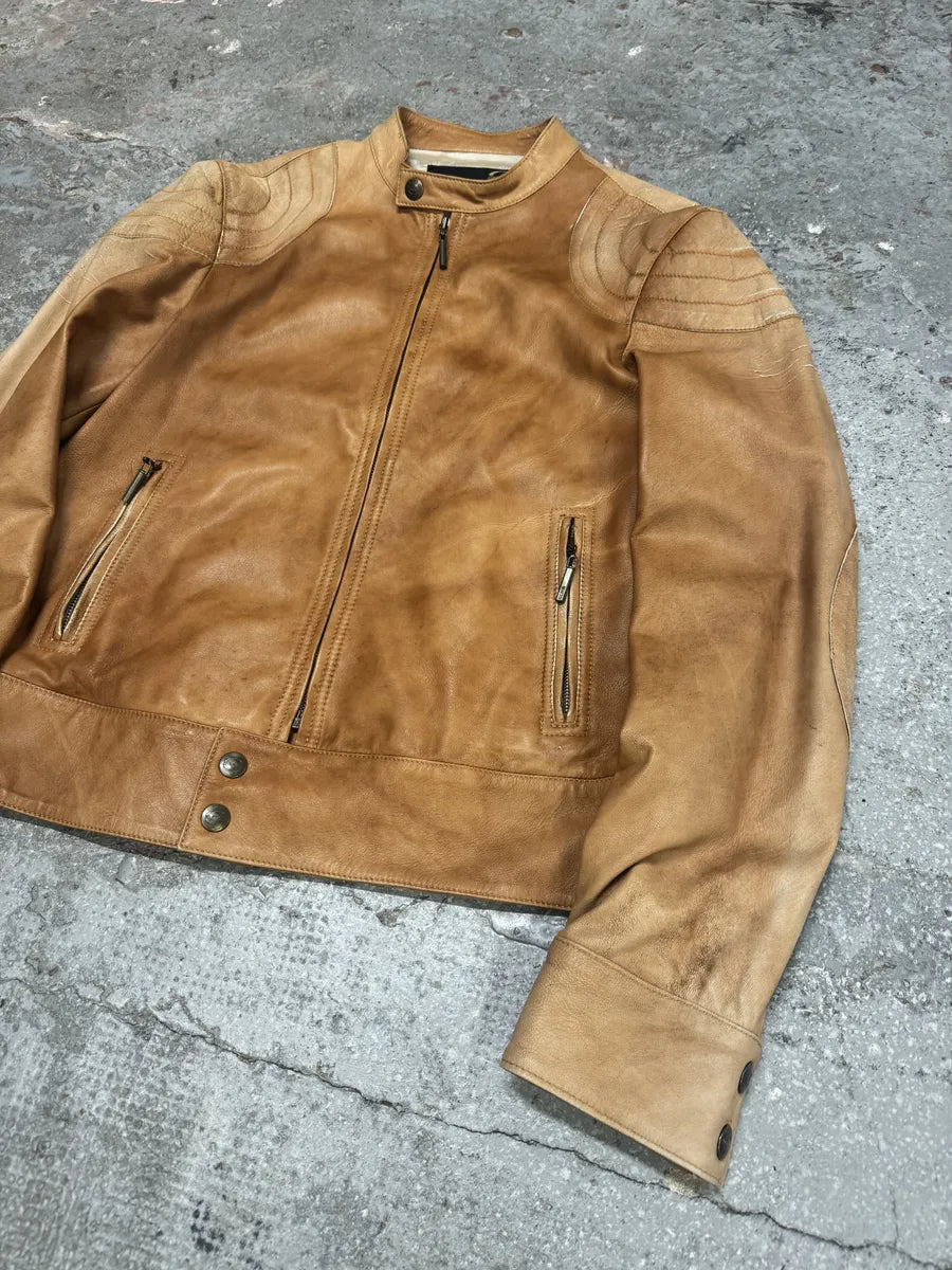 2000s Cavalli Faded Beige Padded Biker Leather Jacket (M) 9