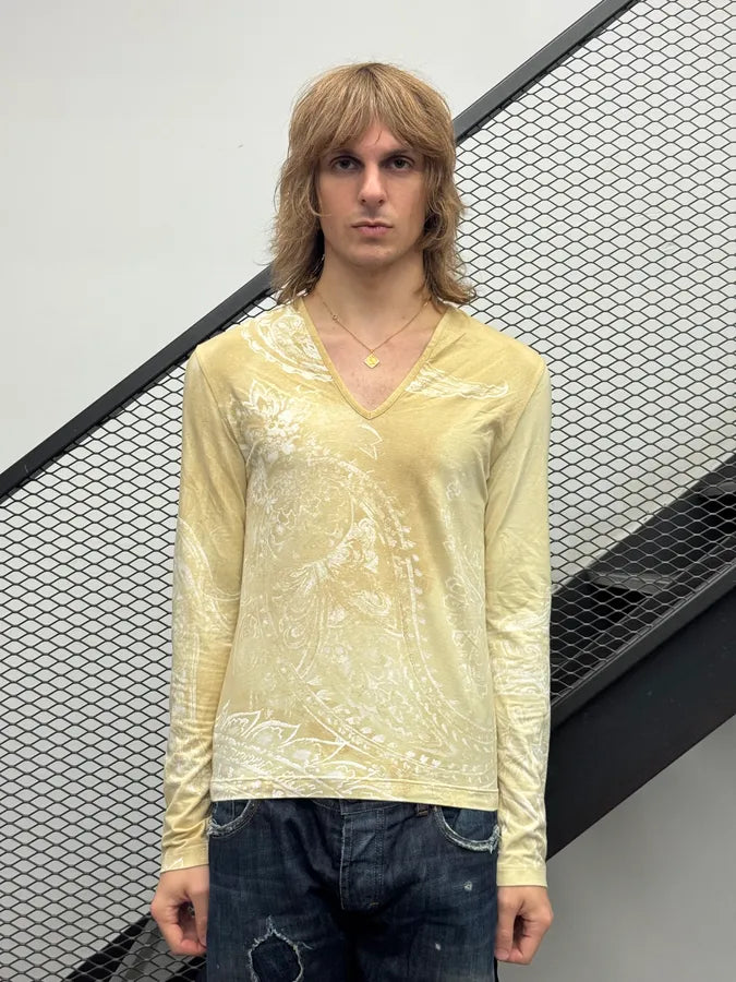 AW2003 Cavalli Faded Beige Tribal Flowers V-Neck Longsleeve XPxXJAz 0