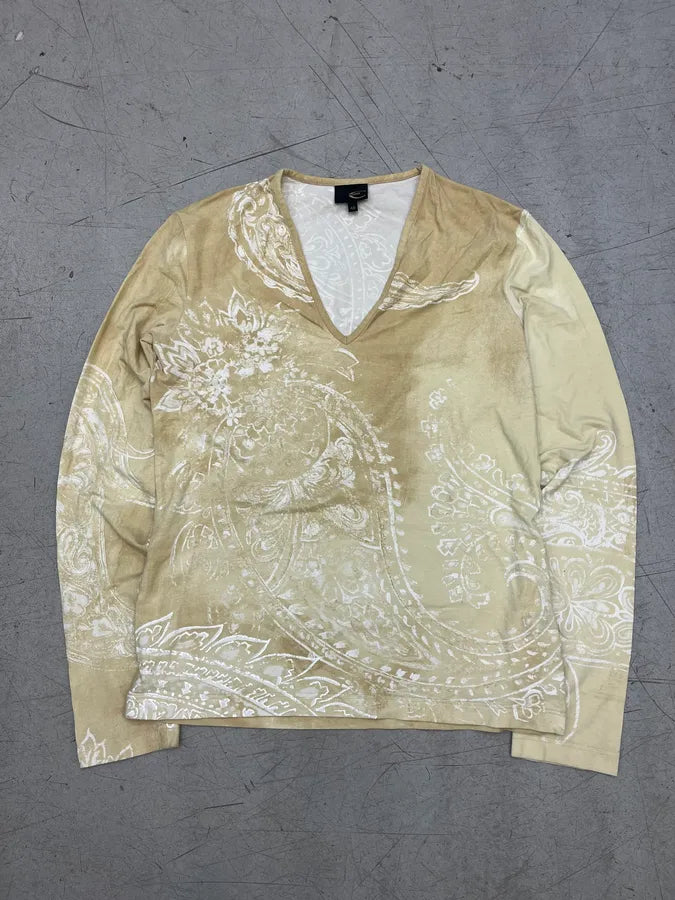 AW2003 Cavalli Faded Beige Tribal Flowers V-Neck Longsleeve XPxXJAz 4