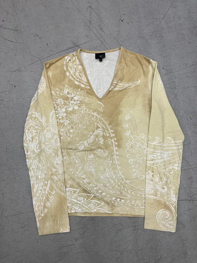 AW2003 Cavalli Faded Beige Tribal Flowers V-Neck Longsleeve XPxXJAz 2