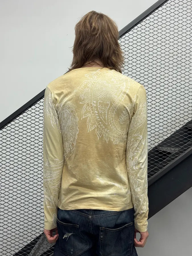 AW2003 Cavalli Faded Beige Tribal Flowers V-Neck Longsleeve XPxXJAz 1