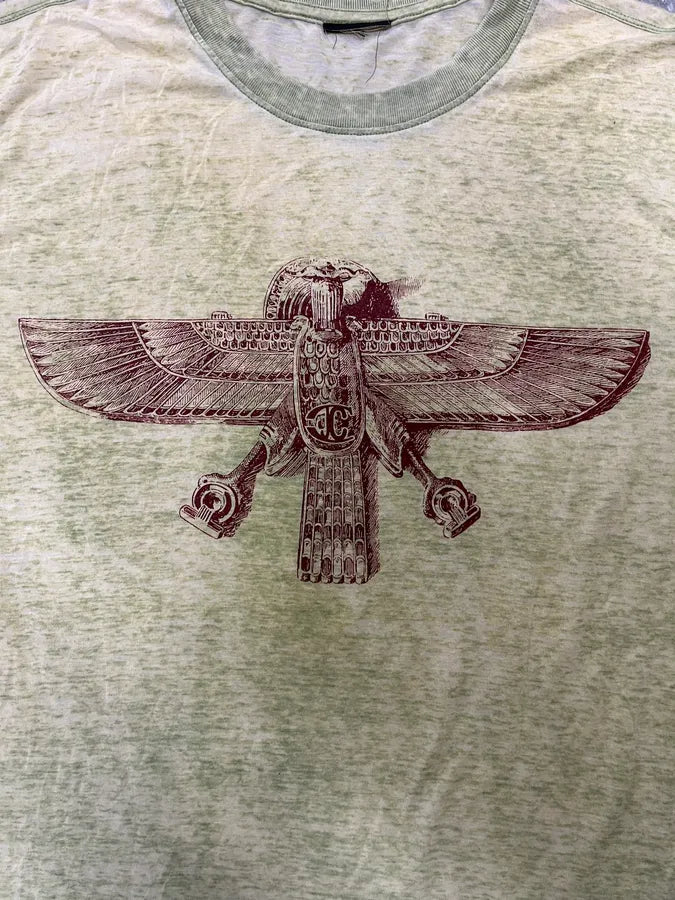 2000s Cavalli Faded Green Indian Tothem T-Shirt PKzbfiw 4