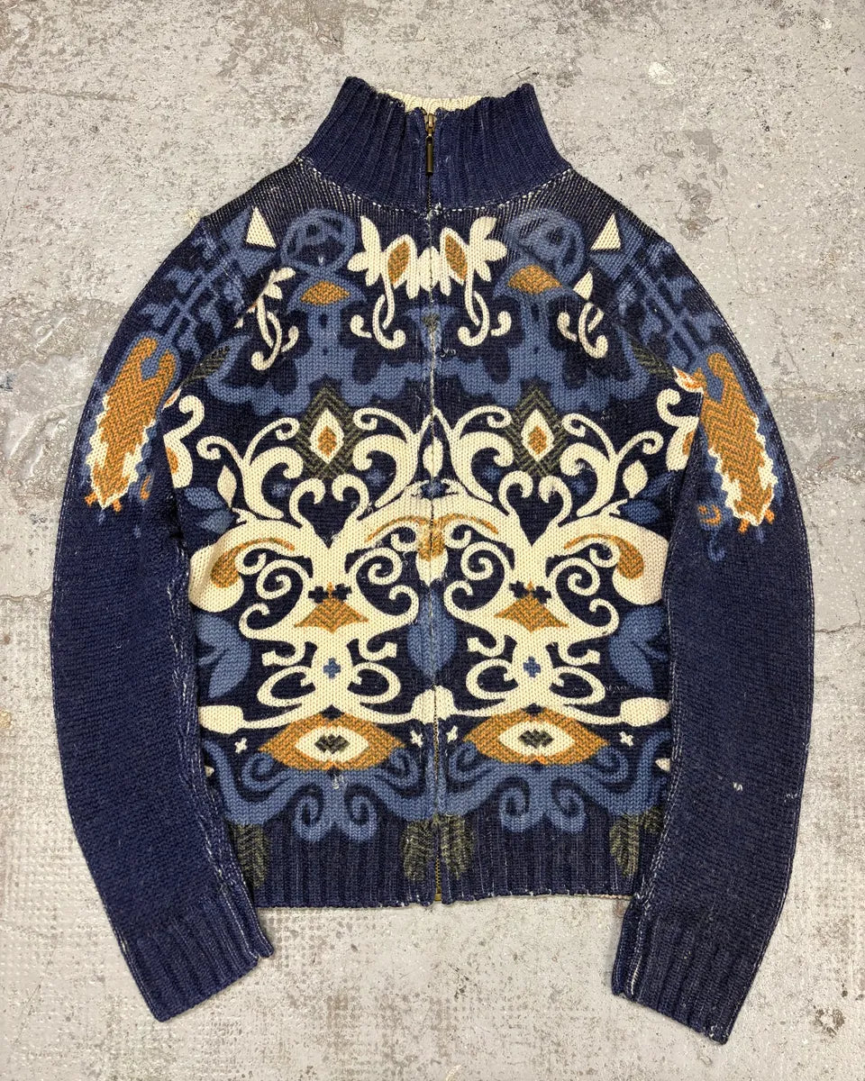 2000s Cavalli Fantasy Blue Zip-Up Wool Sweater HcOucrg 0