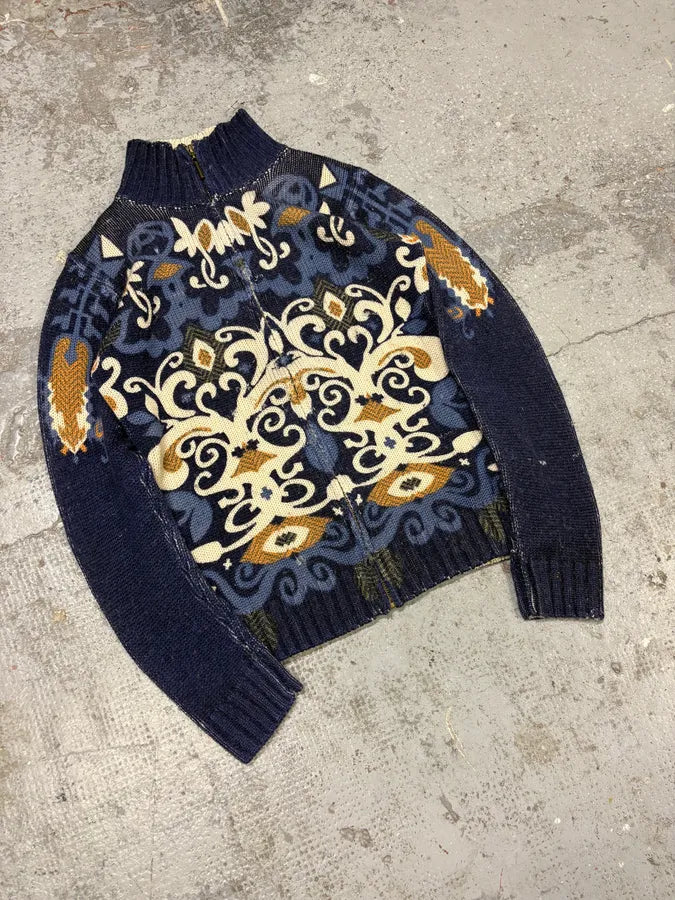 2000s Cavalli Fantasy Blue Zip-Up Wool Sweater HcOucrg 3
