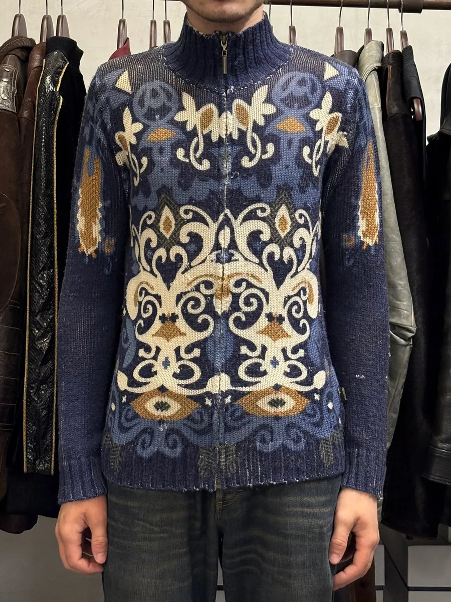 2000s Cavalli Fantasy Blue Zip-Up Wool Sweater HcOucrg 1