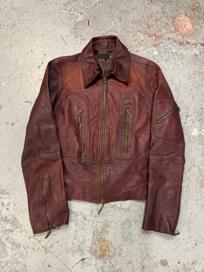 2000s Cavalli Fight Club Burgundy Faded Leather Jacket IXIsbuO 0