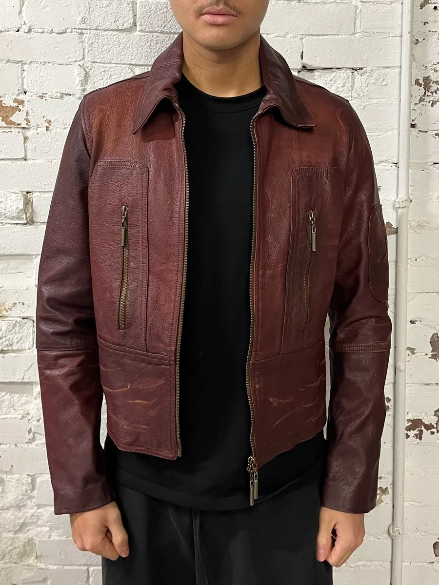 2000s Cavalli Fight Club Burgundy Faded Leather Jacket IXIsbuO 1