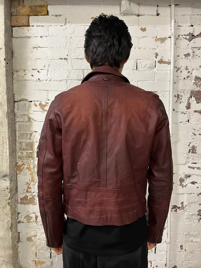 2000s Cavalli Fight Club Burgundy Faded Leather Jacket IXIsbuO 2