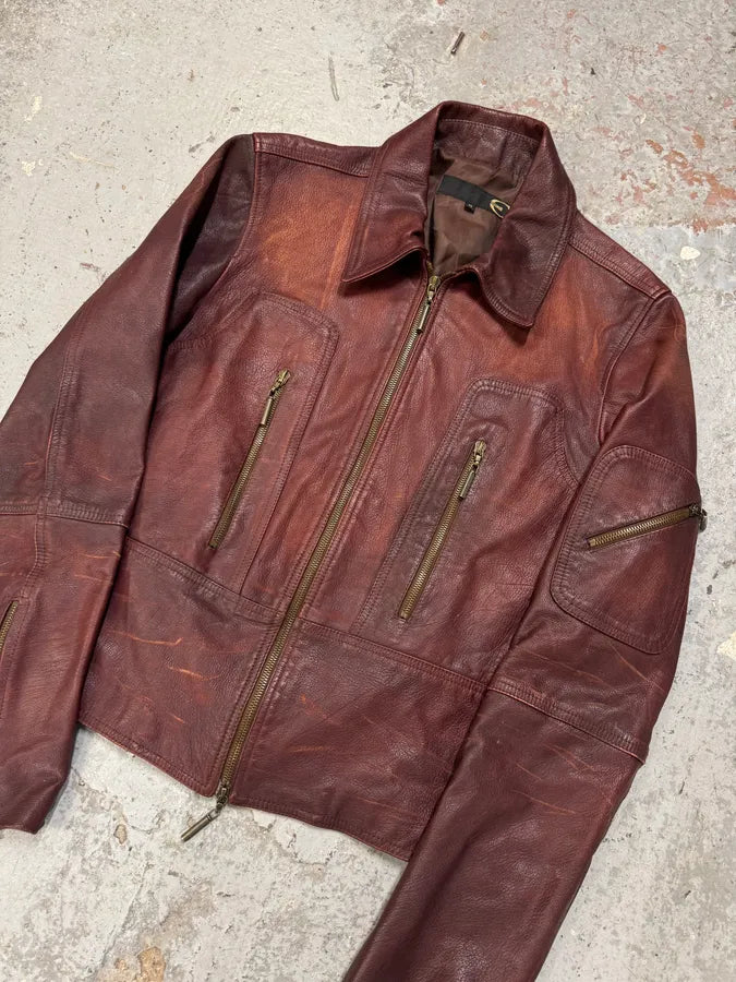 2000s Cavalli Fight Club Burgundy Faded Leather Jacket IXIsbuO 3
