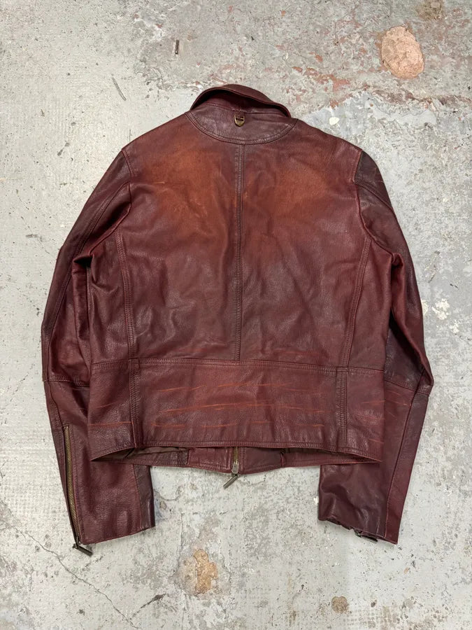 2000s Cavalli Fight Club Burgundy Faded Leather Jacket IXIsbuO 4