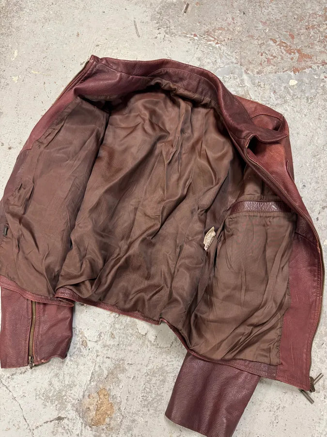 2000s Cavalli Fight Club Burgundy Faded Leather Jacket IXIsbuO 8