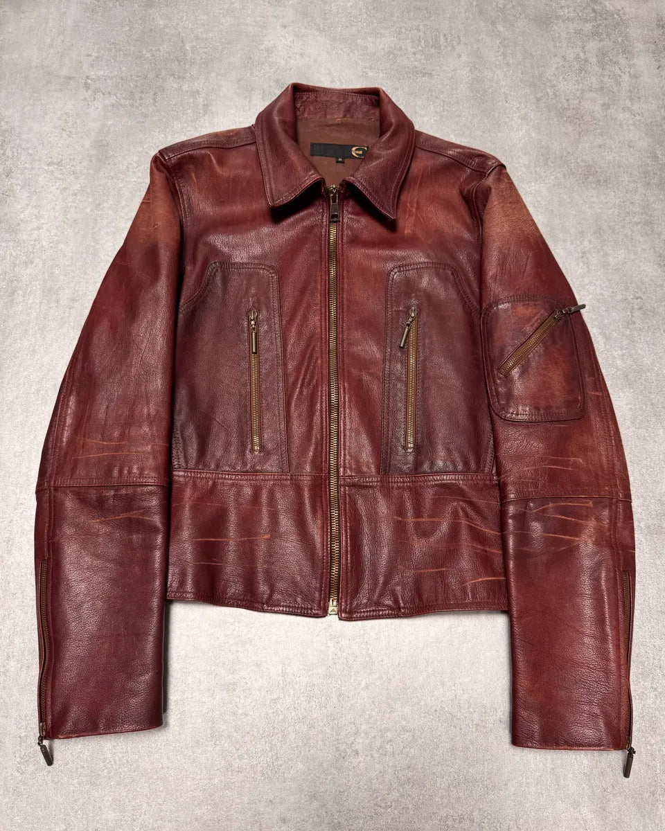 2000s Cavalli Fight Club Faded Burgundy Leather Jacket (M) IffmNbD 0