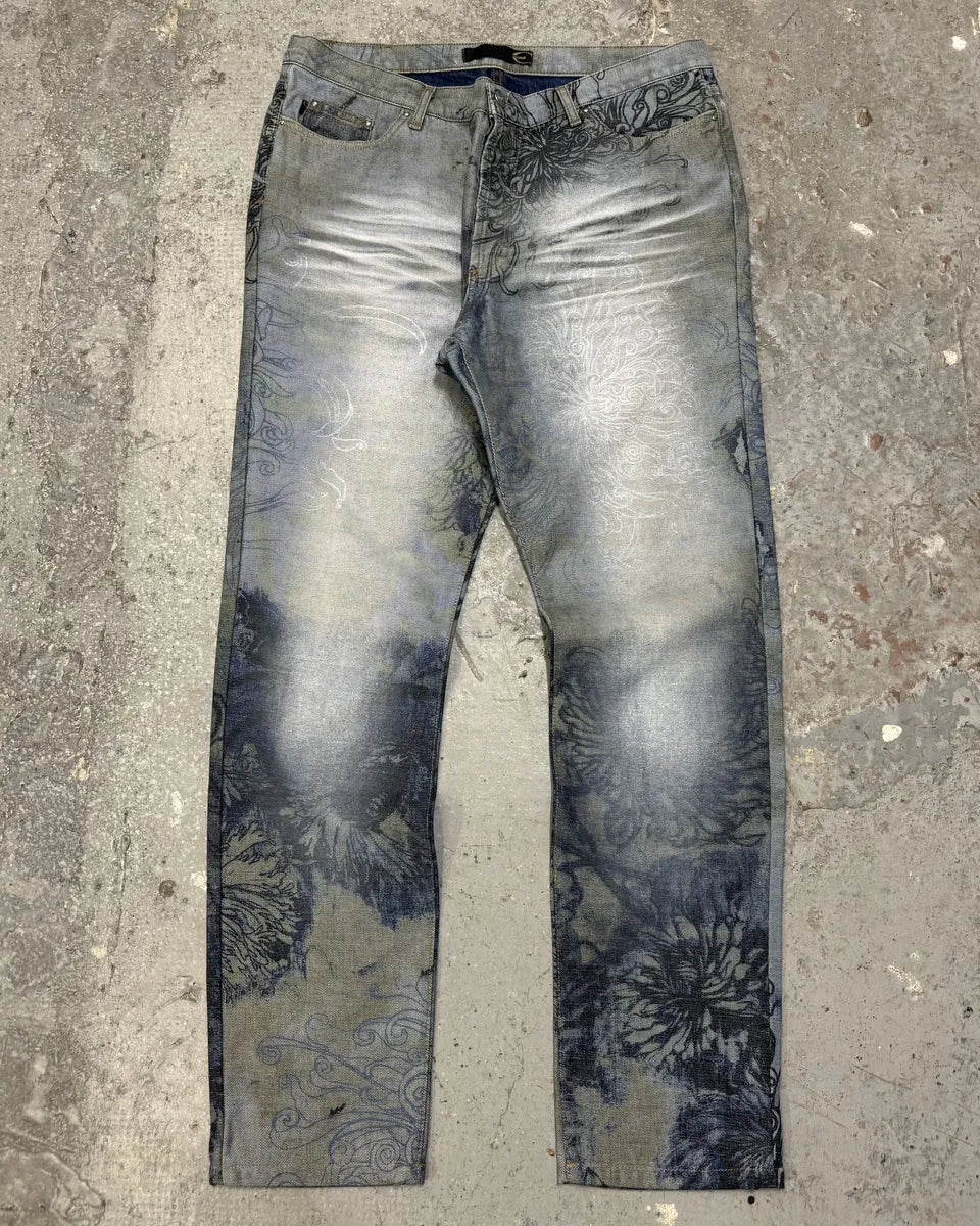2000s Cavalli Floral Contemporary Blue Denim Pants qMqpzUg 0