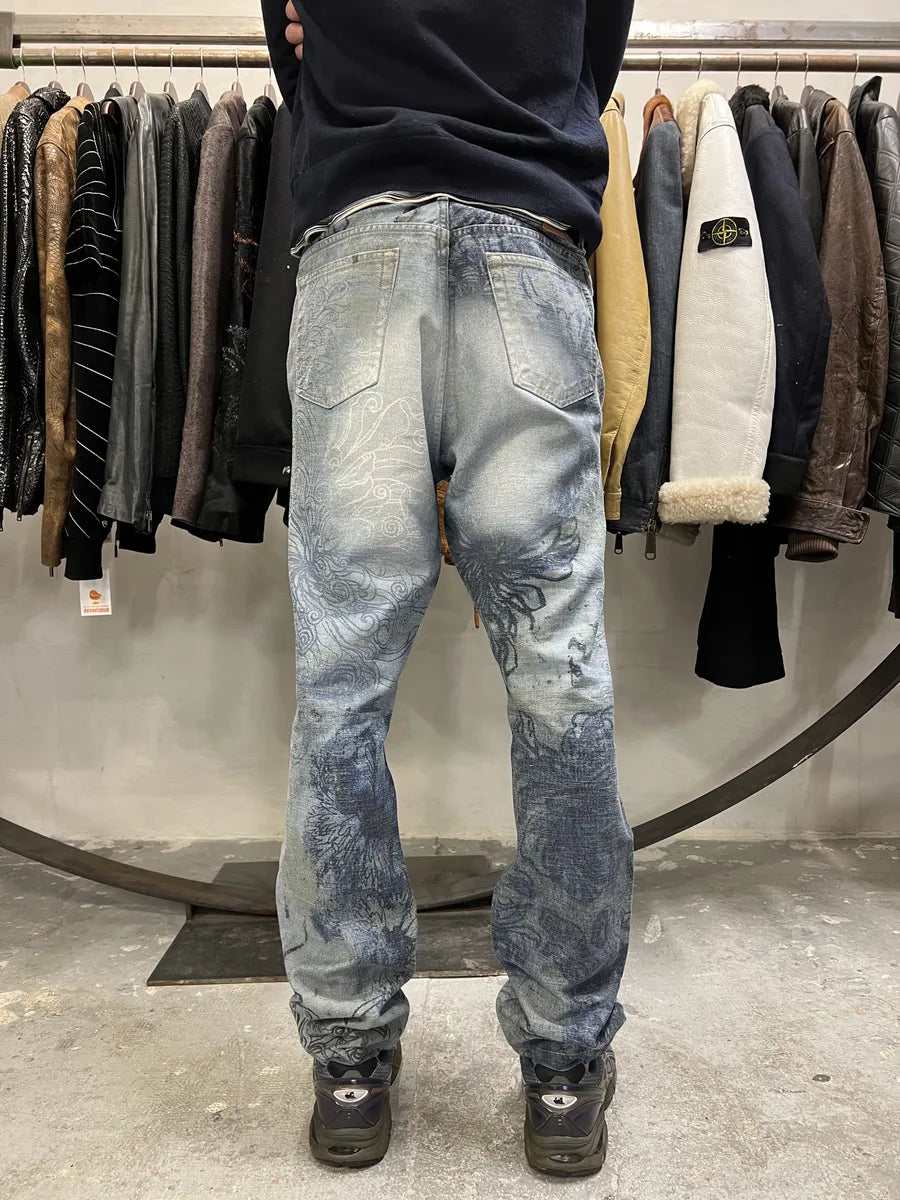 2000s Cavalli Floral Contemporary Blue Denim Pants qMqpzUg 3