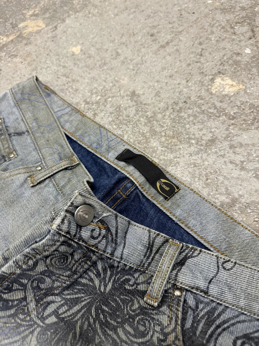 2000s Cavalli Floral Contemporary Blue Denim Pants qMqpzUg 4
