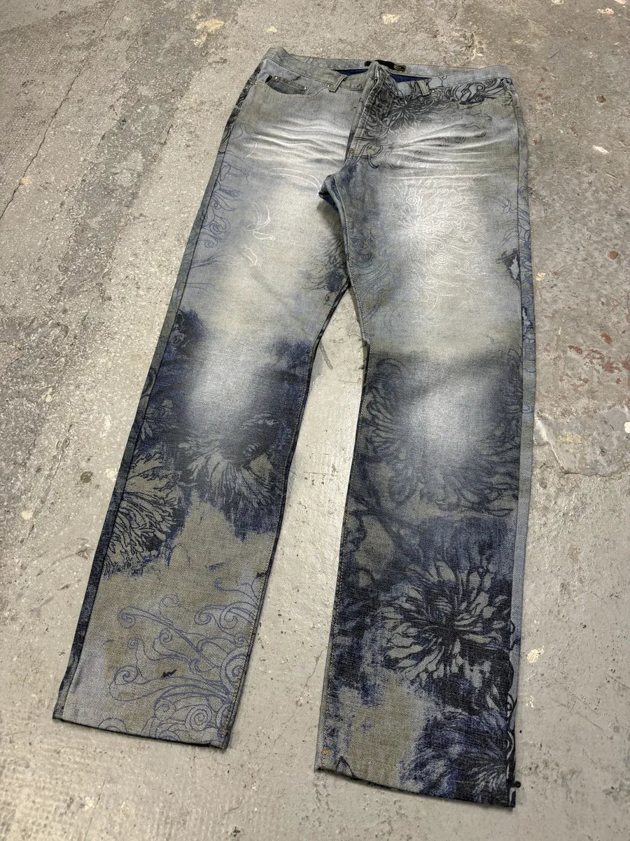 2000s Cavalli Floral Contemporary Blue Denim Pants qMqpzUg 6